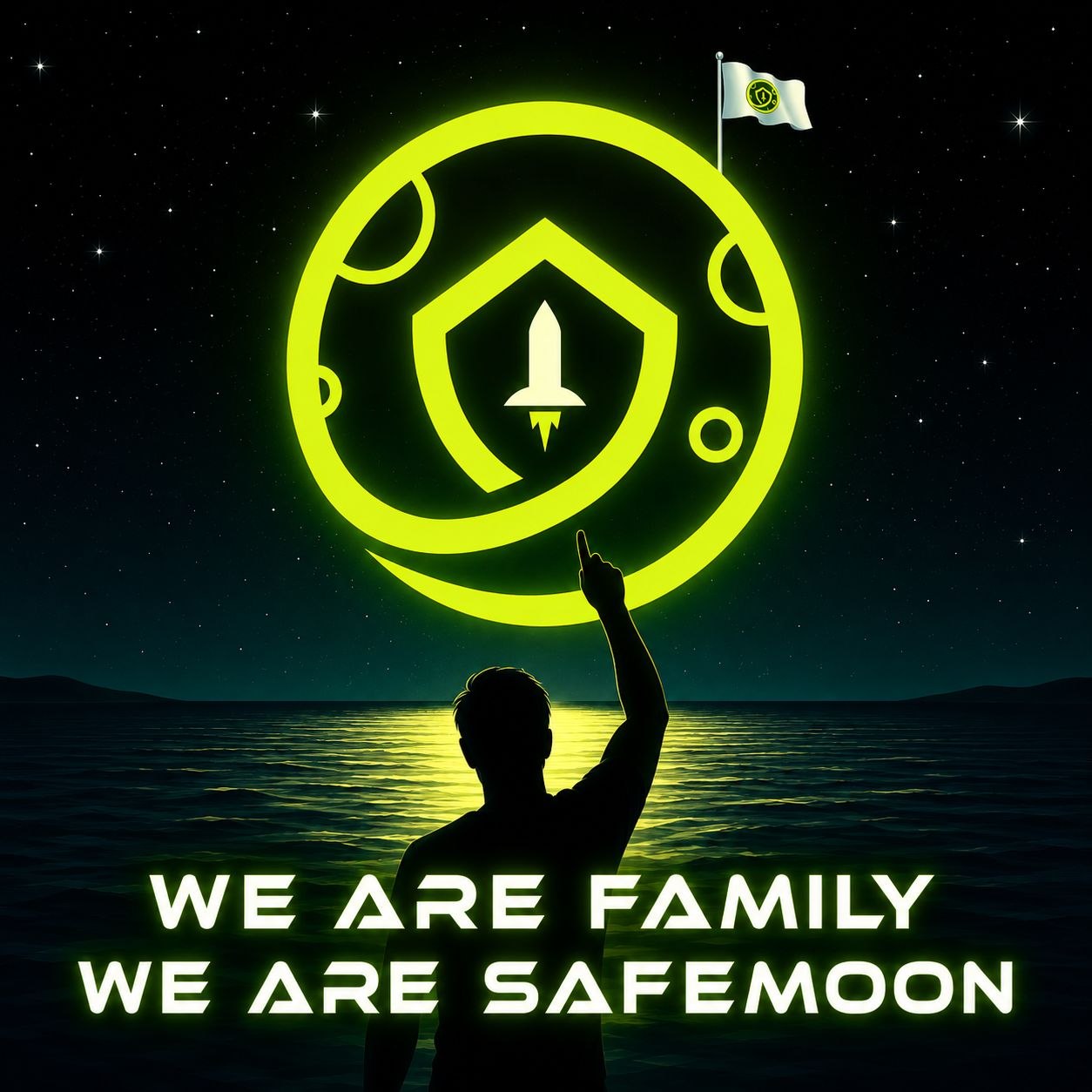 A person pointing toward the glowing SafeMoon symbol above water under a star-filled sky. The artwork reads: We are family. We are SafeMoon.